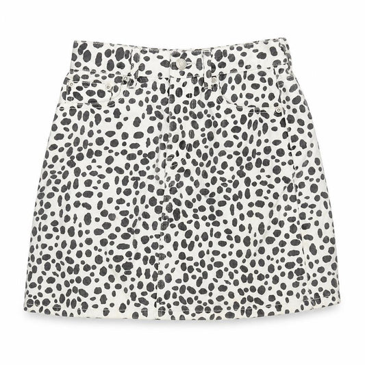 Front view of Browny Standard women’s white cotton a-line skirt, size UK 24, in zip - black spots.