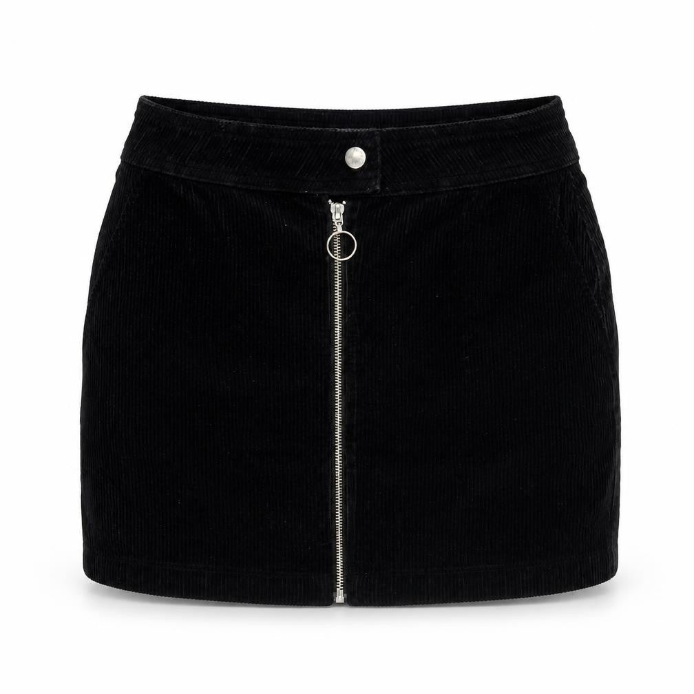 Front view of BDG women’s black cotton a-line skirt, size M, zip