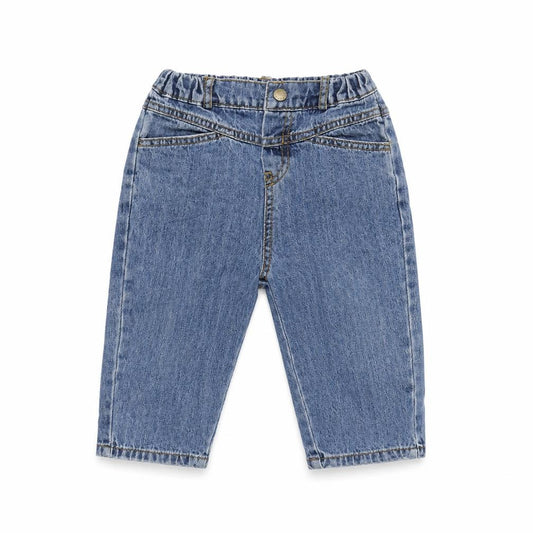 Front view of Mon bebe boys’ blue cotton capri jeans, size 24, months snap - inside leg 9.5in - waist 19in.