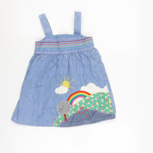Little Bird Girls Blue Cotton Pinafore/Dungaree Dress Size 2-3 Years Square Neck Button