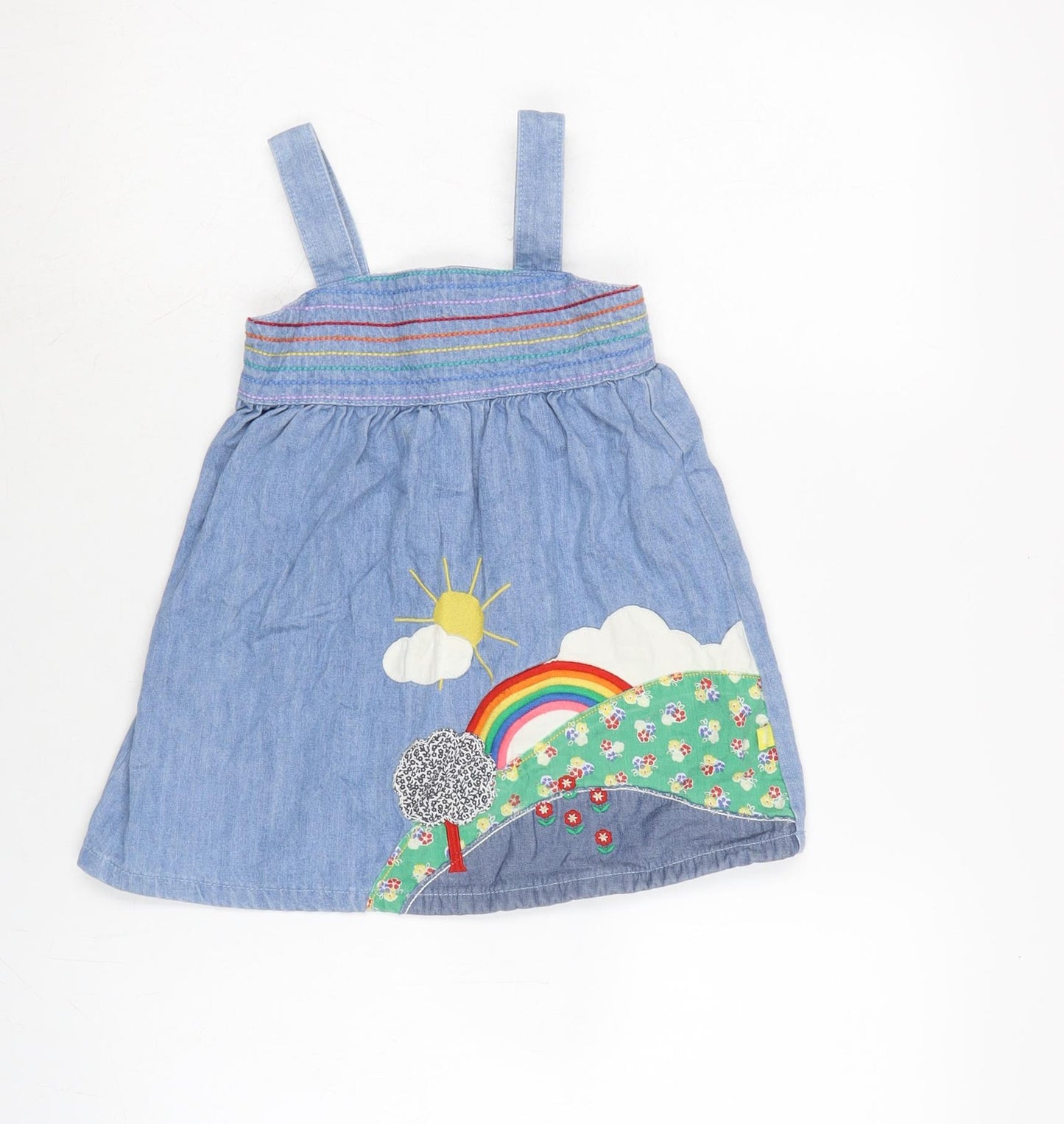 Little Bird Girls Blue Cotton Pinafore/Dungaree Dress Size 2-3 Years Square Neck Button