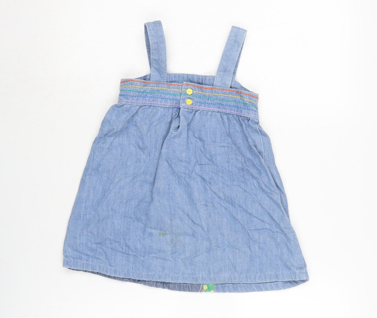 Little Bird Girls Blue Cotton Pinafore/Dungaree Dress Size 2-3 Years Square Neck Button