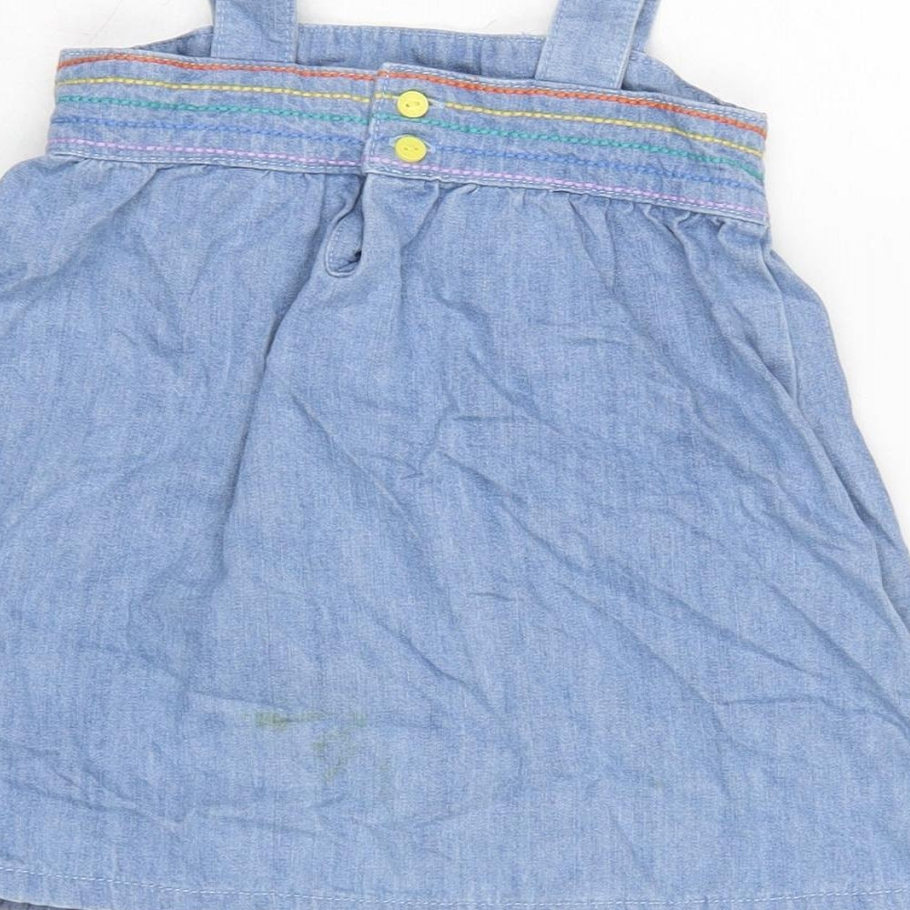 Little Bird Girls Blue Cotton Pinafore/Dungaree Dress Size 2-3 Years Square Neck Button
