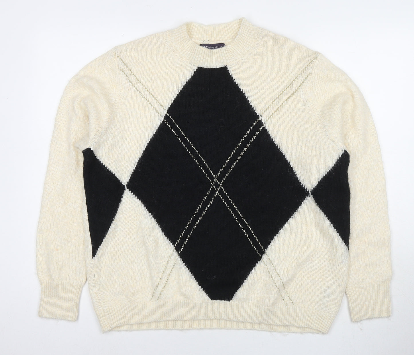 Marks and Spencer Womens Ivory Round Neck Argyle/Diamond Acrylic Pullover Jumper Size L