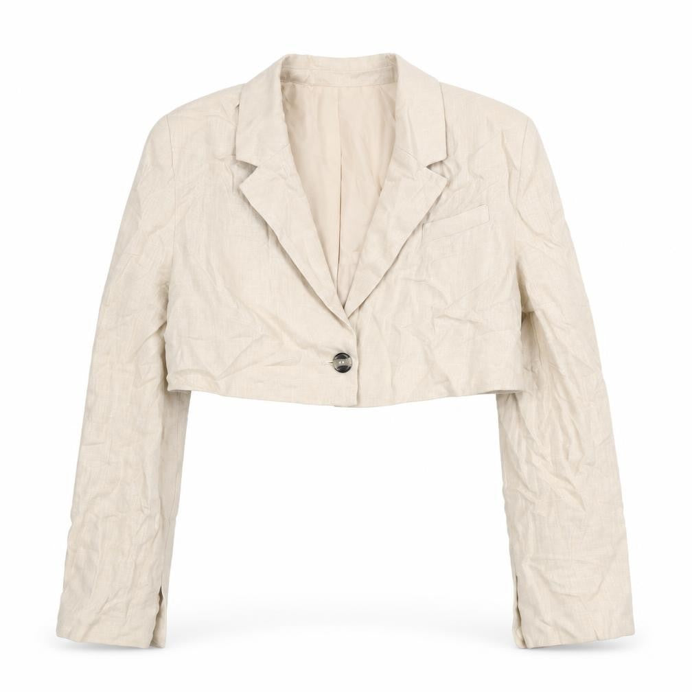 Front view of H&M women’s beige jacket blazer, size XS, button