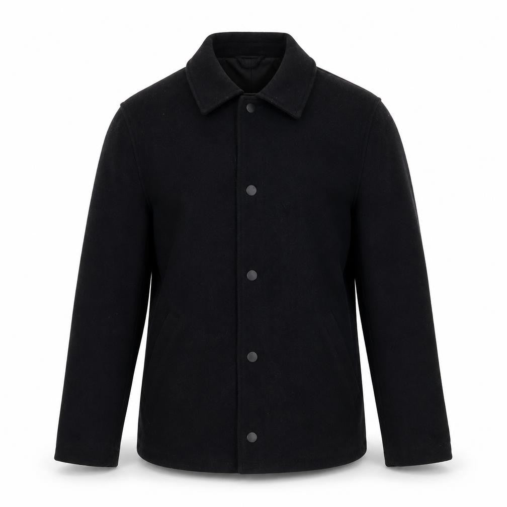Front view of H&M men’s black overcoat coat, size S, zip