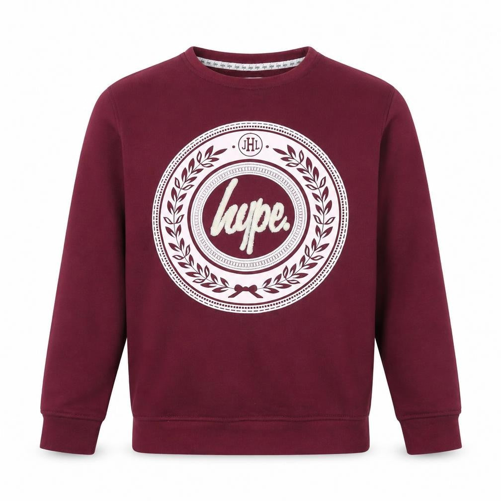 Front view of Hype men’s red cotton pullover sweatshirt, size M, - logo