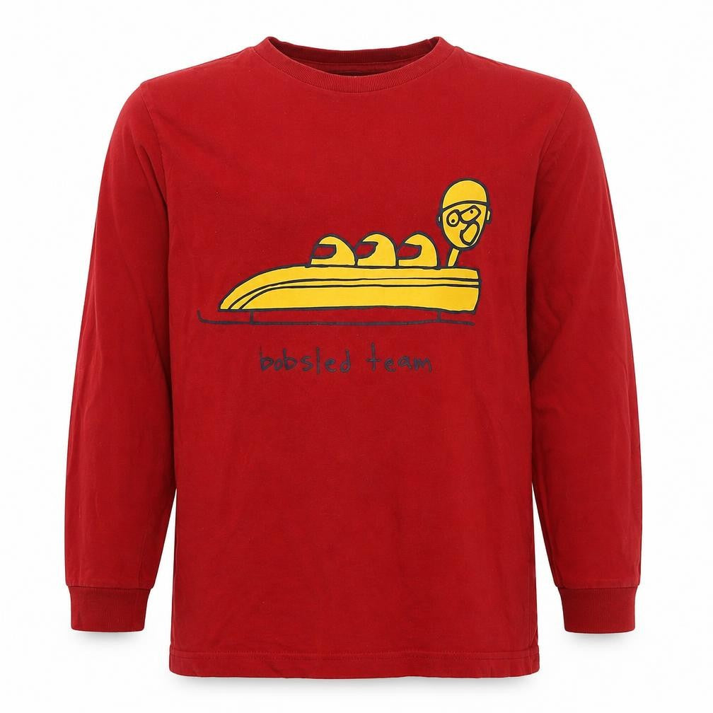 Front view of Gap boys’ red cotton pullover sweatshirt, size 12, years pullover - bobsled team