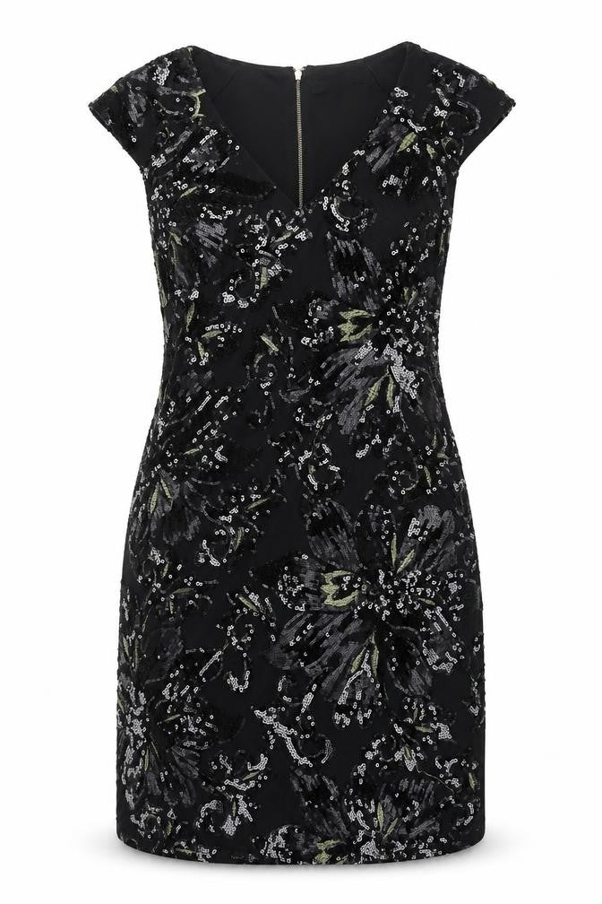 Front view of KOKO women’s black polyester a-line, size UK 16, v-neck zip - sequin detail
