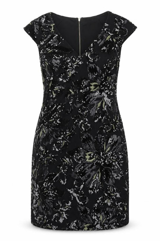 Front view of KOKO women’s black polyester a-line, size UK 16, v-neck zip - sequin detail