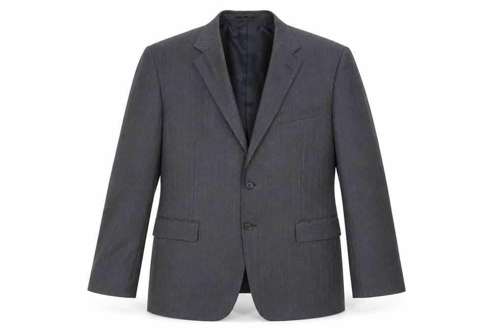 Front view of Brook Taverner men’s grey striped polyester jacket suit jacket, size 44, regular