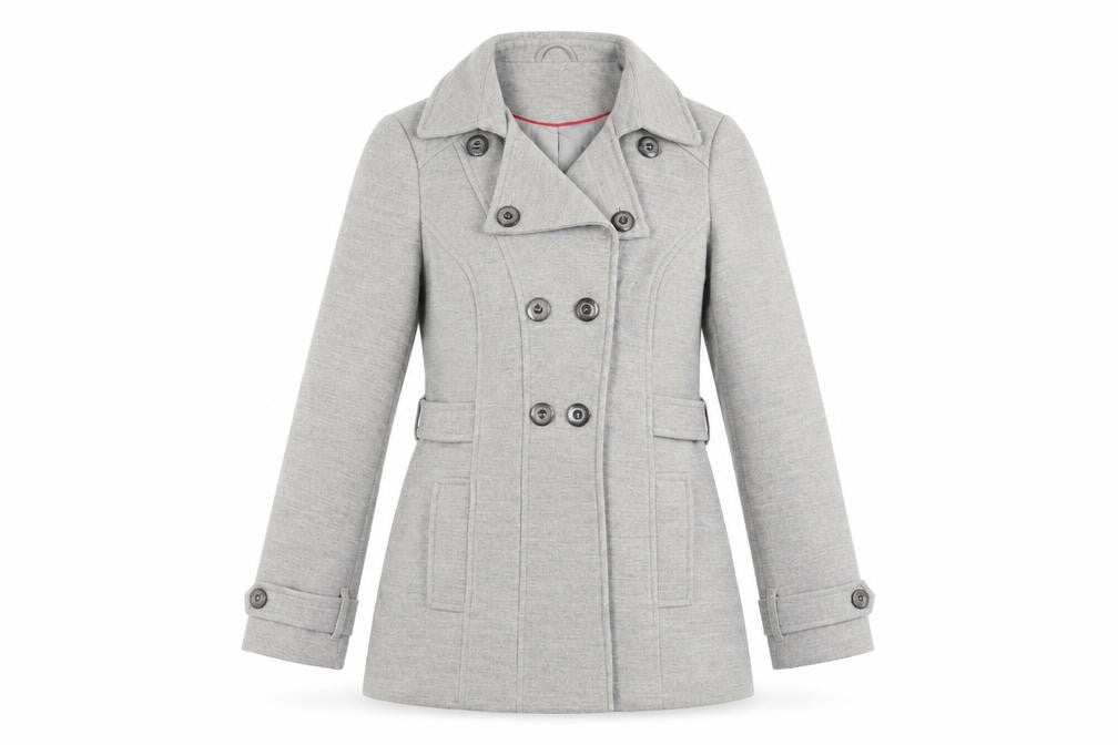 Front view of Dunnes women’s grey pea coat coat, size UK 14, button