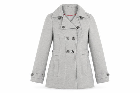 Front view of Dunnes women’s grey pea coat coat, size UK 14, button