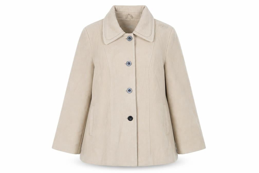 Front view of Anthology women’s beige pea coat coat, size UK 22, button