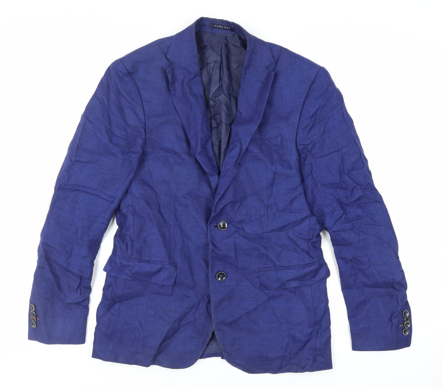 Zara Man Mens Blue Jacket Blazer Size 40 Button - Elbow Patches