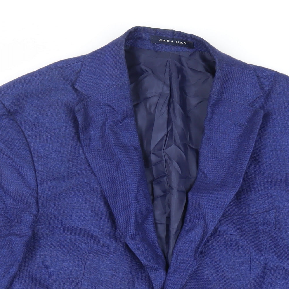 Zara Man Mens Blue Jacket Blazer Size 40 Button - Elbow Patches