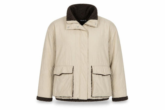 Front view of PRETTYLITTLETHING women’s beige jacket, size UK 12, zip - oversized
