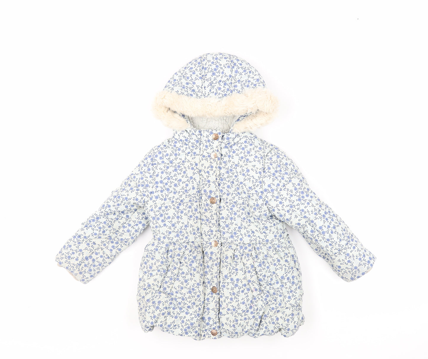 Mothercare Girls Blue Floral Basic Coat Coat Size 2-3 Years Zip - Hooded
