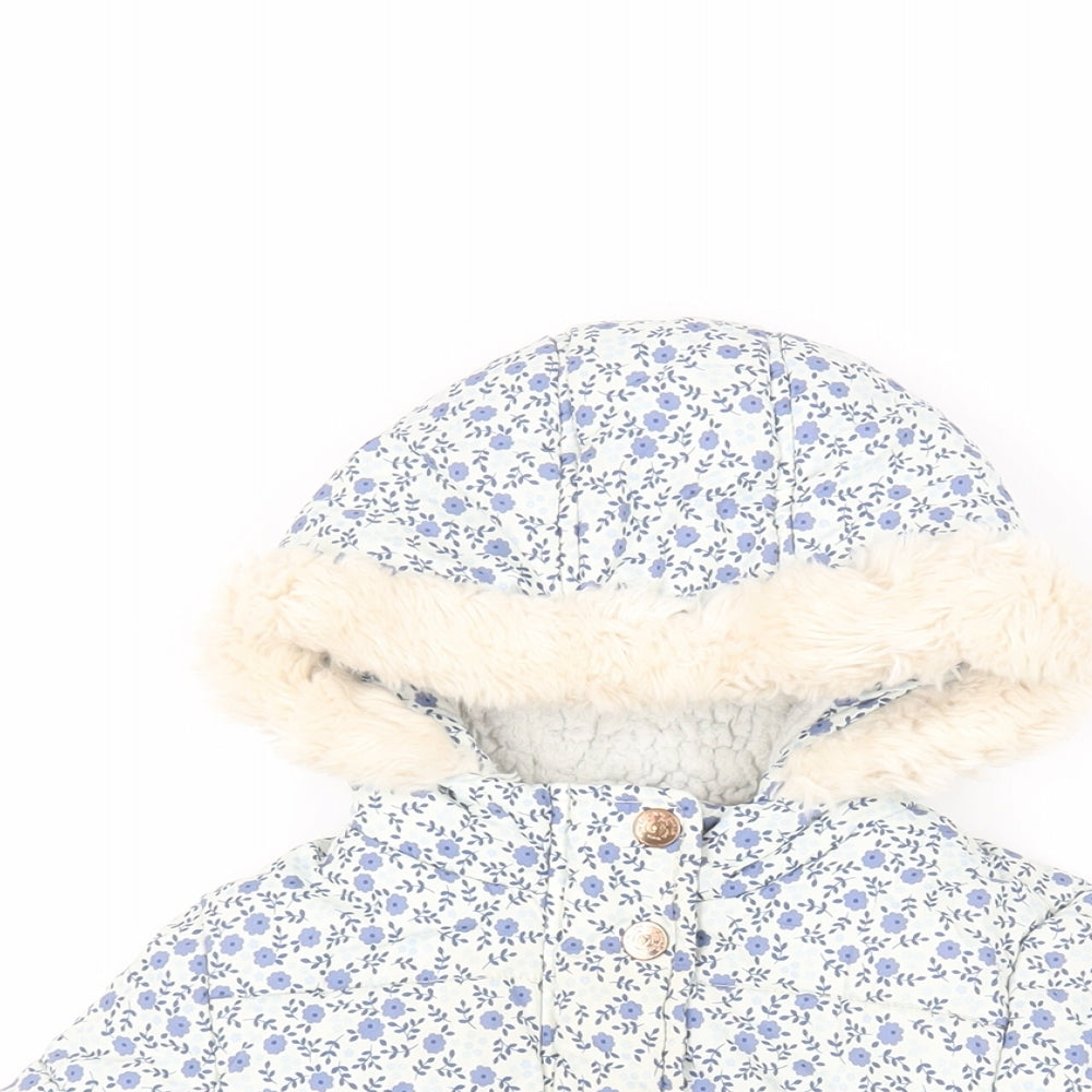 Mothercare Girls Blue Floral Basic Coat Coat Size 2-3 Years Zip - Hooded