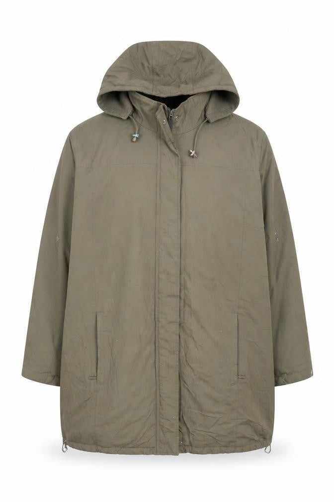 Front view of NuAge women’s green jacket, size UK 20, zip - hooded zipped pockets