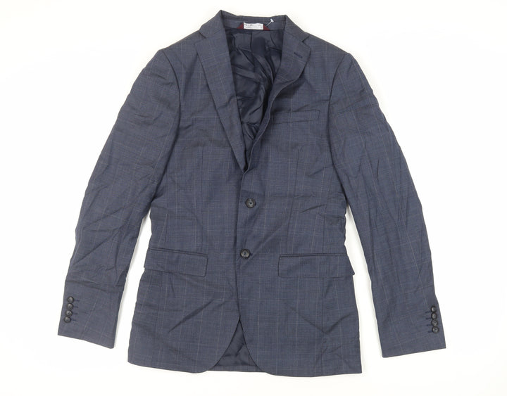 Marks and Spencer Mens Blue Plaid Polyester Jacket Suit Jacket Size 36 Regular