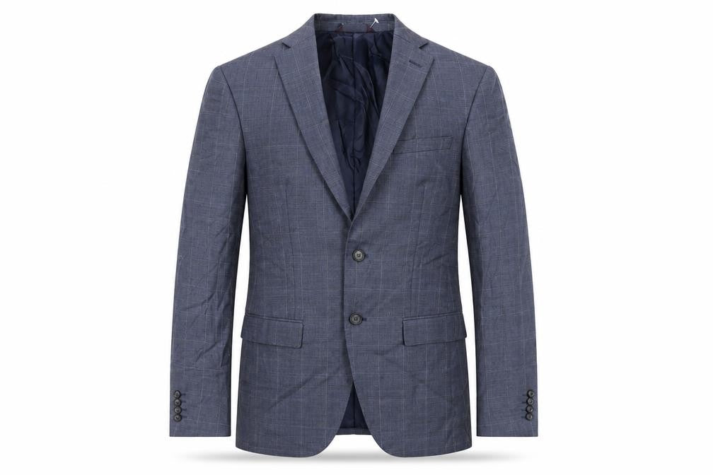 Front view of Marks & Spencer men’s blue plaid polyester jacket suit jacket, size 36, regular