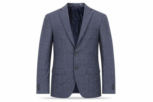 Front view of Marks & Spencer men’s blue plaid polyester jacket suit jacket, size 36, regular