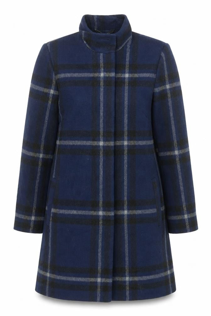 Front view of Bonmarché women’s blue plaid pea coat coat, size UK 12, button