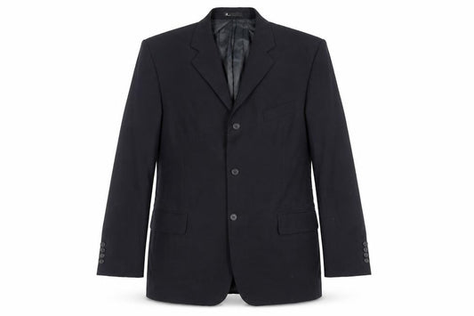 Front view of BHS men’s black polyester jacket suit jacket, size 44, regular