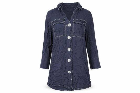 Front view of New Collection women’s blue lyocell basic button-up, size M, collared