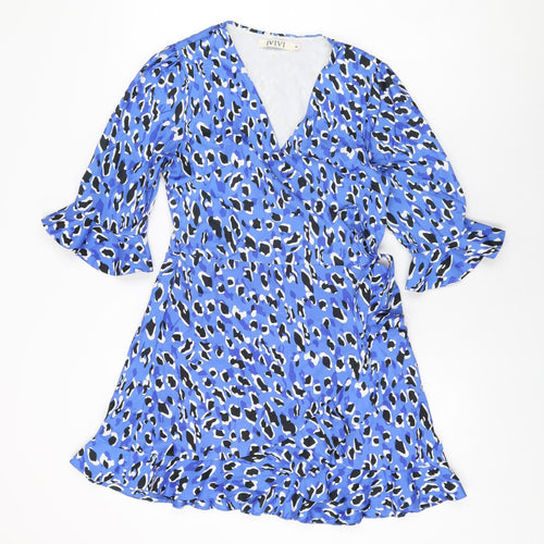 IVIVI Womens Blue Animal Print Polyester Wrap Dress Size M V-Neck Tie