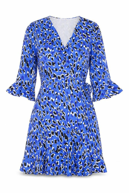 Front view of IVIVI women’s blue animal print polyester wrap dress, size M, v-neck tie