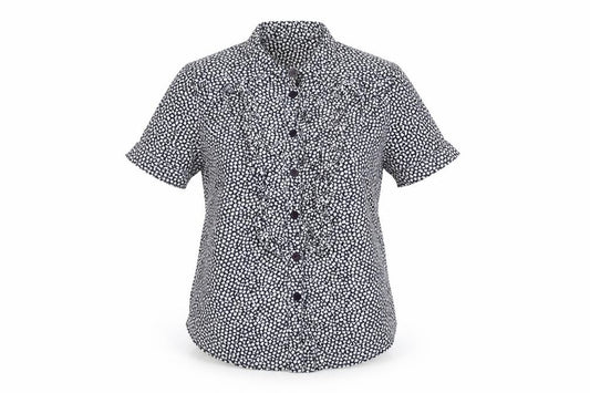 Front view of French Connection women’s blue floral cotton basic button-up, size UK 6, round neck