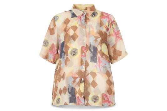 Front view of Watercolours women’s multicoloured geometric viscose basic button-up, size UK 16, collared