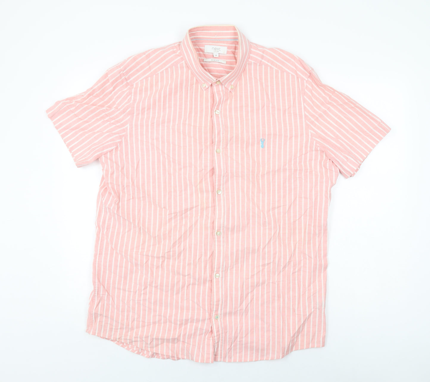NEXT Mens Pink Striped Cotton Button-Up Size XL Collared Button
