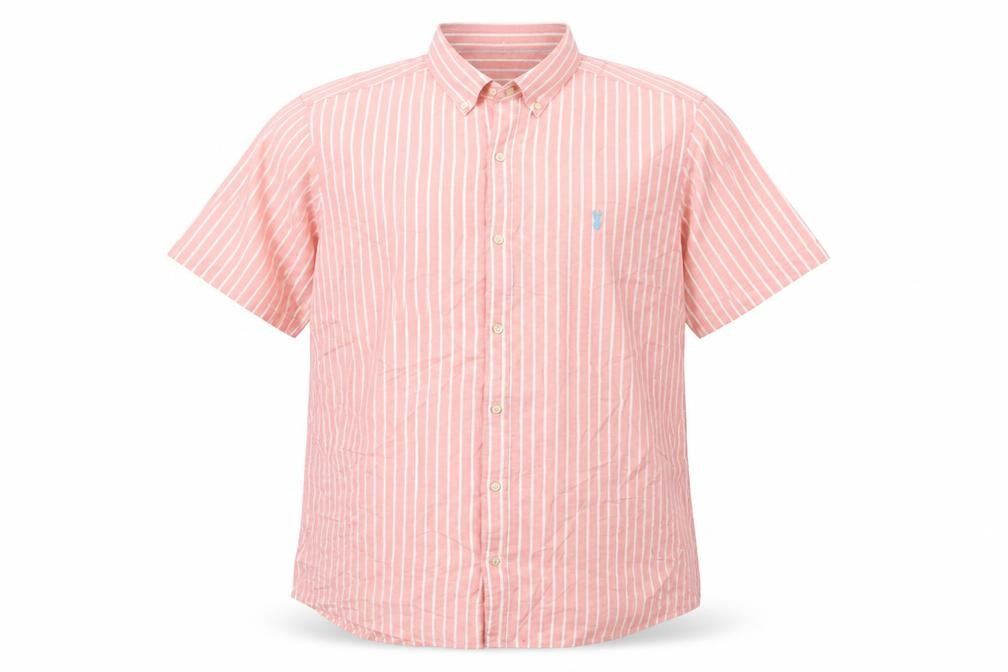 Front view of Next men’s pink striped cotton button-up, size XL, collared button