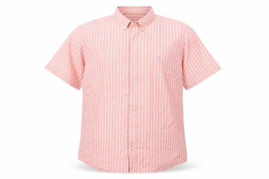 Front view of Next men’s pink striped cotton button-up, size XL, collared button
