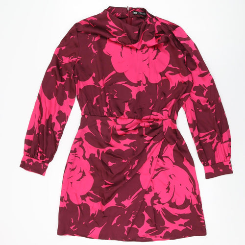 Zara Womens Pink Floral Polyester Mini Size S Round Neck Zip