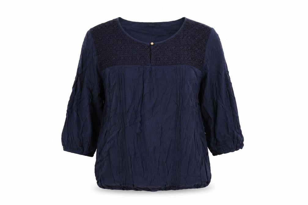 Front view of Bonmarché women’s blue viscose basic t-shirt, size UK 16, round neck