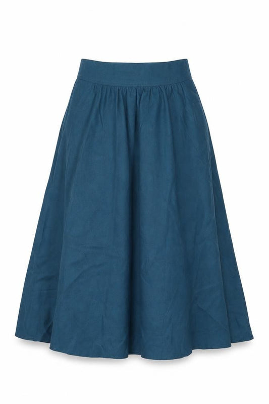 Front view of Simymode women’s blue polyester swing skirt, size UK 10, zip