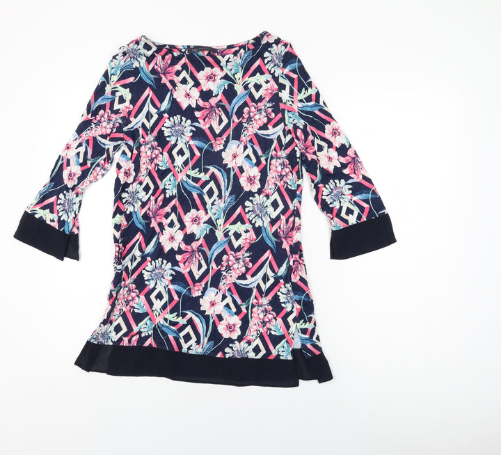 Marks and Spencer Womens Blue Floral Viscose Basic T-Shirt Size 10 Round Neck
