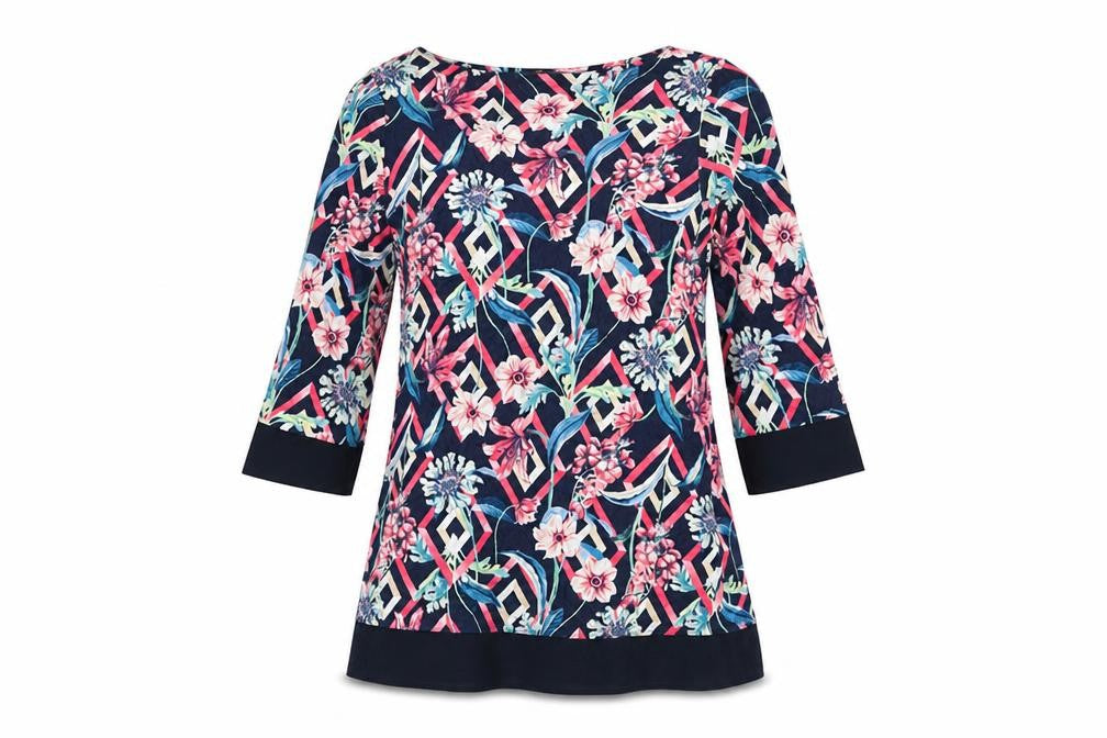 Marks and Spencer Womens Blue Floral Viscose Basic T-Shirt Size 10 Round Neck