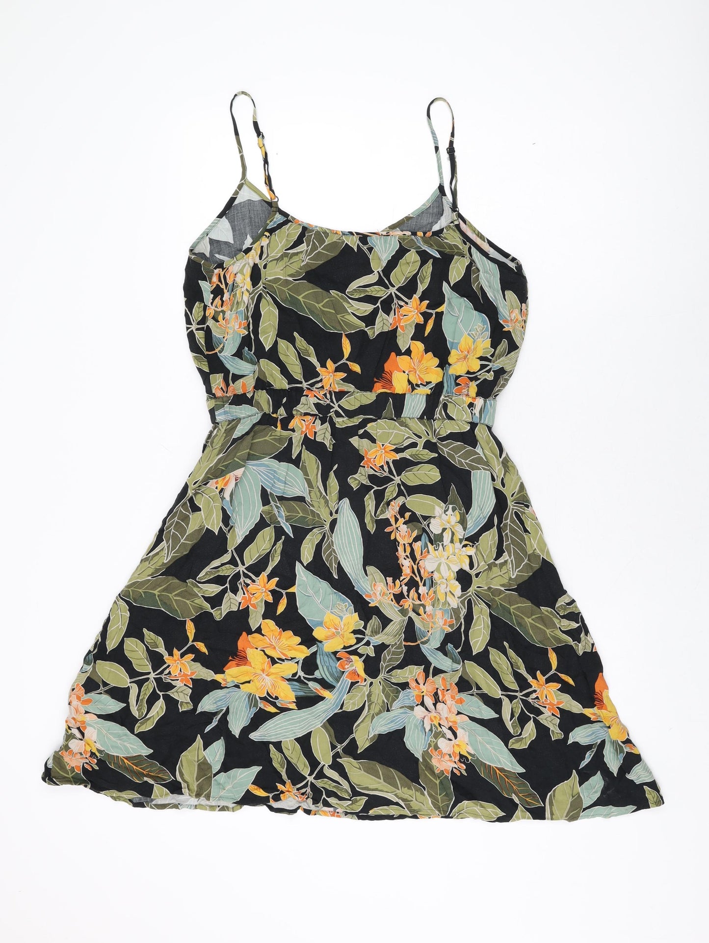 Warehouse Womens Black Floral Viscose Skater Dress Size 12 V-Neck Pullover