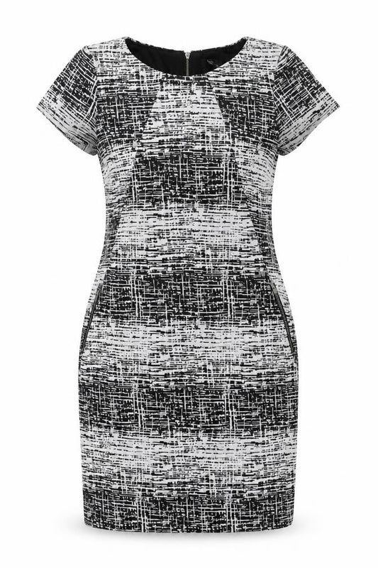 Front view of M&Co women’s grey geometric polyester bodycon, size UK 10, round neck zip