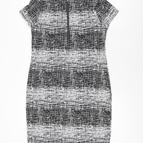 M&Co Womens Grey Geometric Polyester Bodycon Size 10 Round Neck Zip