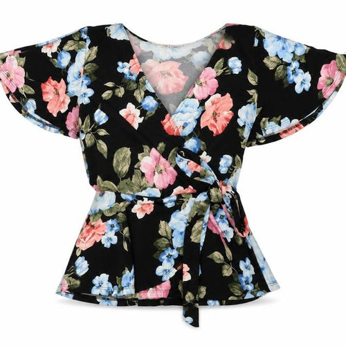 Monteau Womens Black Floral Polyester Wrap T-Shirt Size S V-Neck