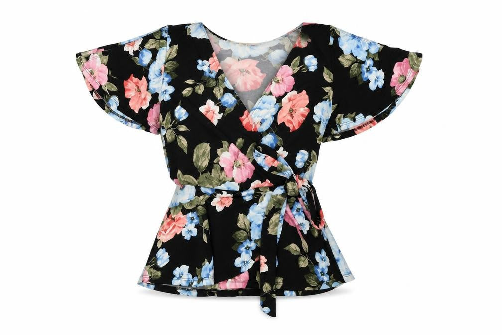 Monteau Womens Black Floral Polyester Wrap T-Shirt Size S V-Neck