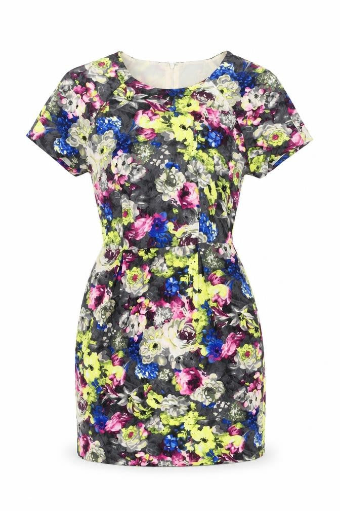 Front view of New Look women’s grey floral polyester mini, size UK 8, round neck zip