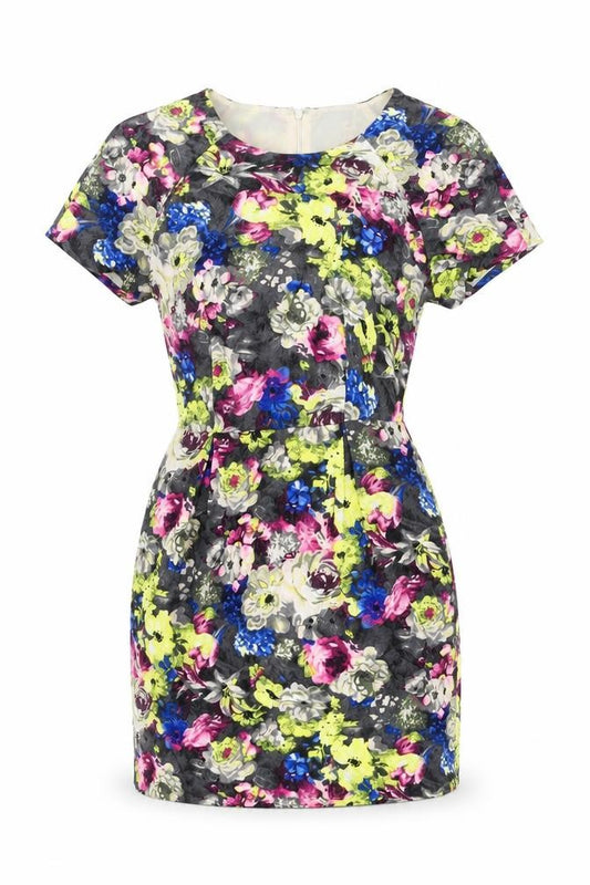 Front view of New Look women’s grey floral polyester mini, size UK 8, round neck zip