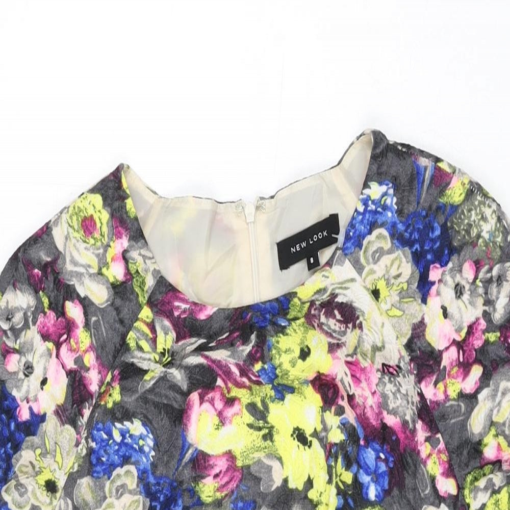 New Look Womens Grey Floral Polyester Mini Size 8 Round Neck Zip